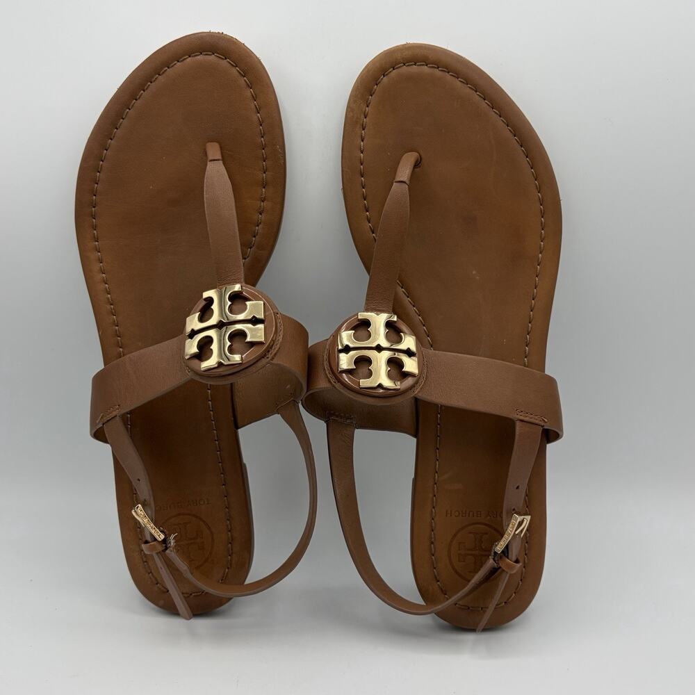 Tory Burch Claire Flats Thong Leather Sandals Brown Metal Logo Size 8